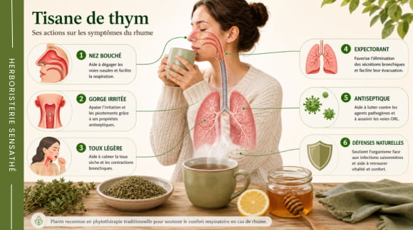 Infographie sur les actions de la tisane de thym contre le rhume, la gorge irritée, la toux légère et les voies respiratoires encombrées - Herboristerie Sensathé